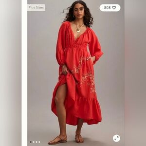 By Anthropologie Embroidered V-Neck Maxi Dress Size L